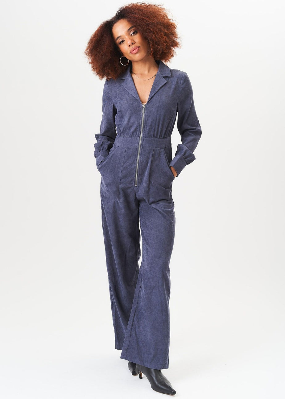 Gini London Blue Long Sleeves Zip Front Cord Jumpsuit