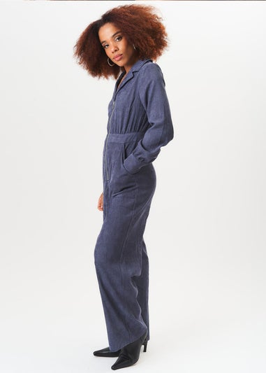 Gini London Blue Long Sleeves Zip Front Cord Jumpsuit