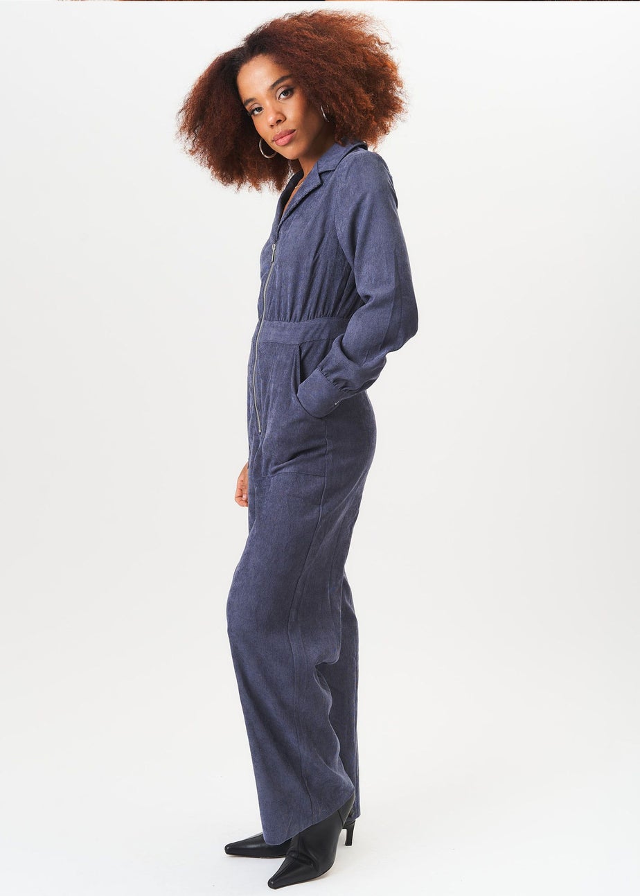 Gini London Blue Long Sleeves Zip Front Cord Jumpsuit