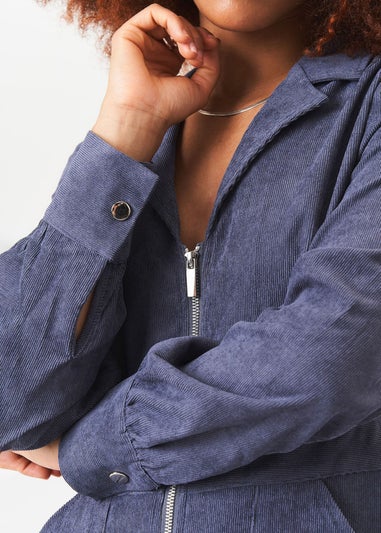 Gini London Blue Long Sleeves Zip Front Cord Jumpsuit