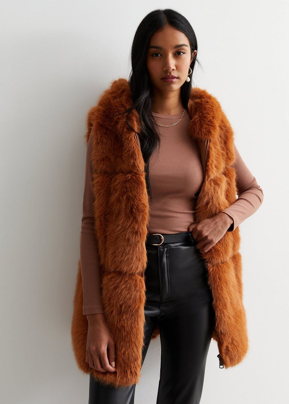 Gini London Camel Soft Touch Fur Longline Gilet