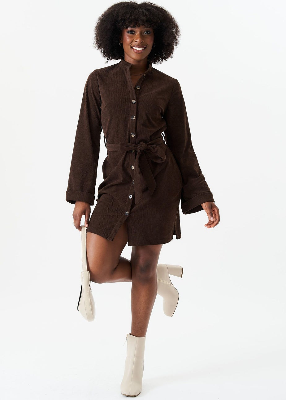 Gini London Brown Button Front Belted Corduroy Shirt Dress