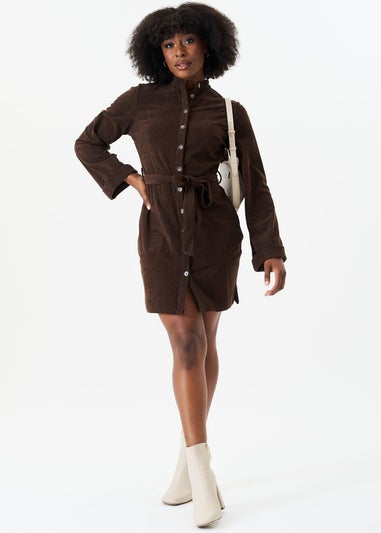 Gini London Brown Button Front Belted Corduroy Shirt Dress