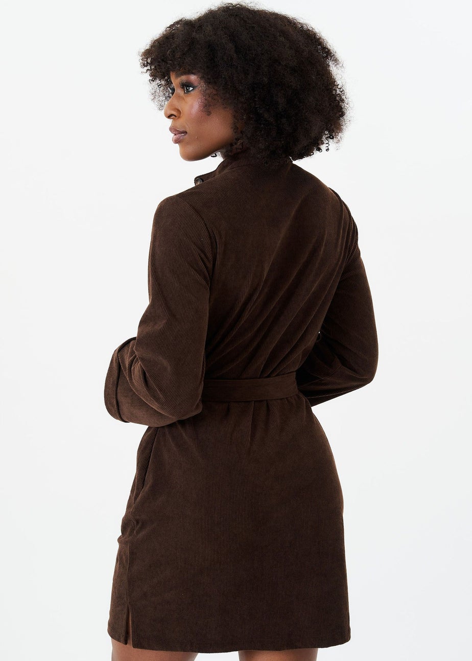Gini London Brown Button Front Belted Corduroy Shirt Dress