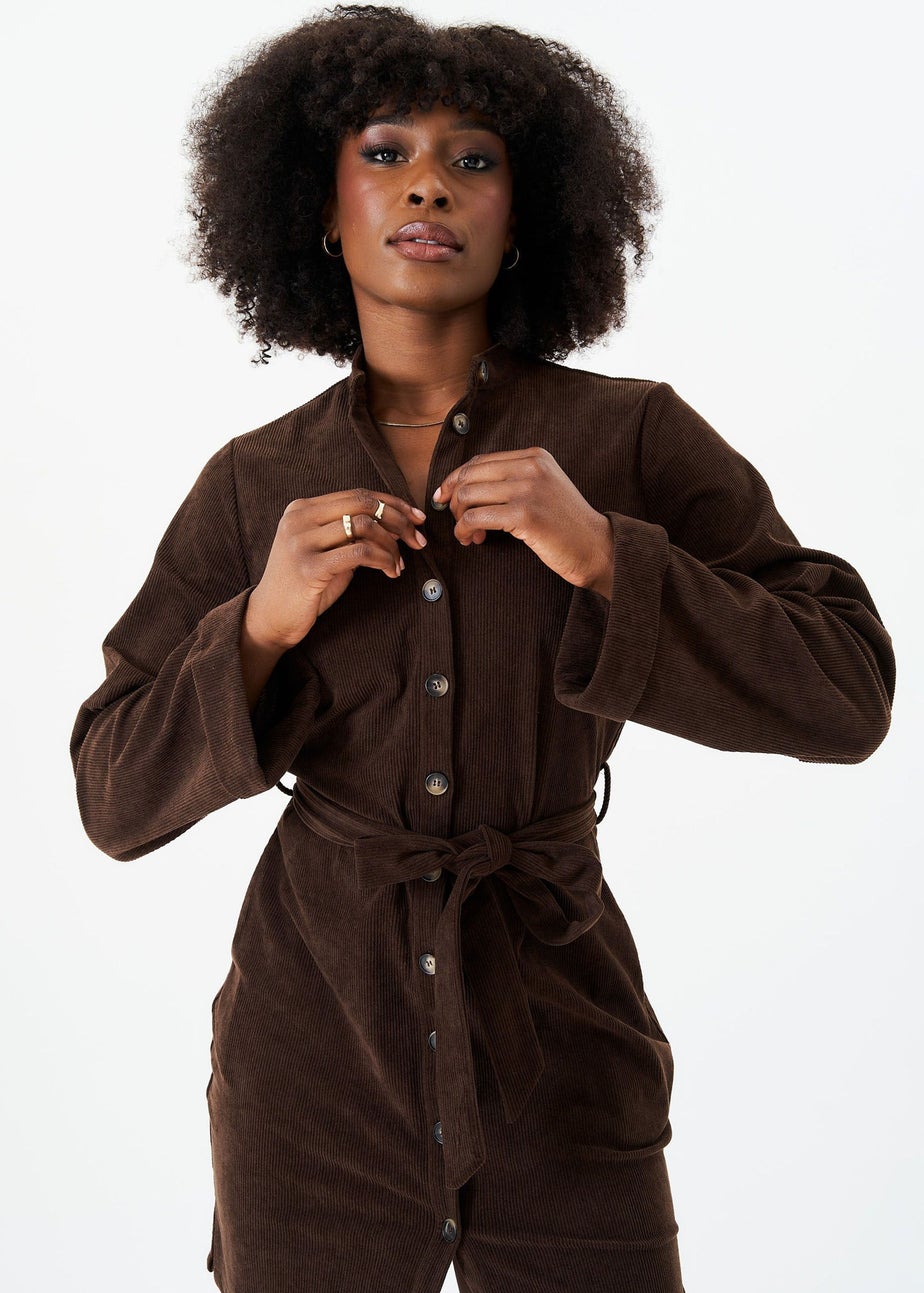 Gini London Brown Button Front Belted Corduroy Shirt Dress