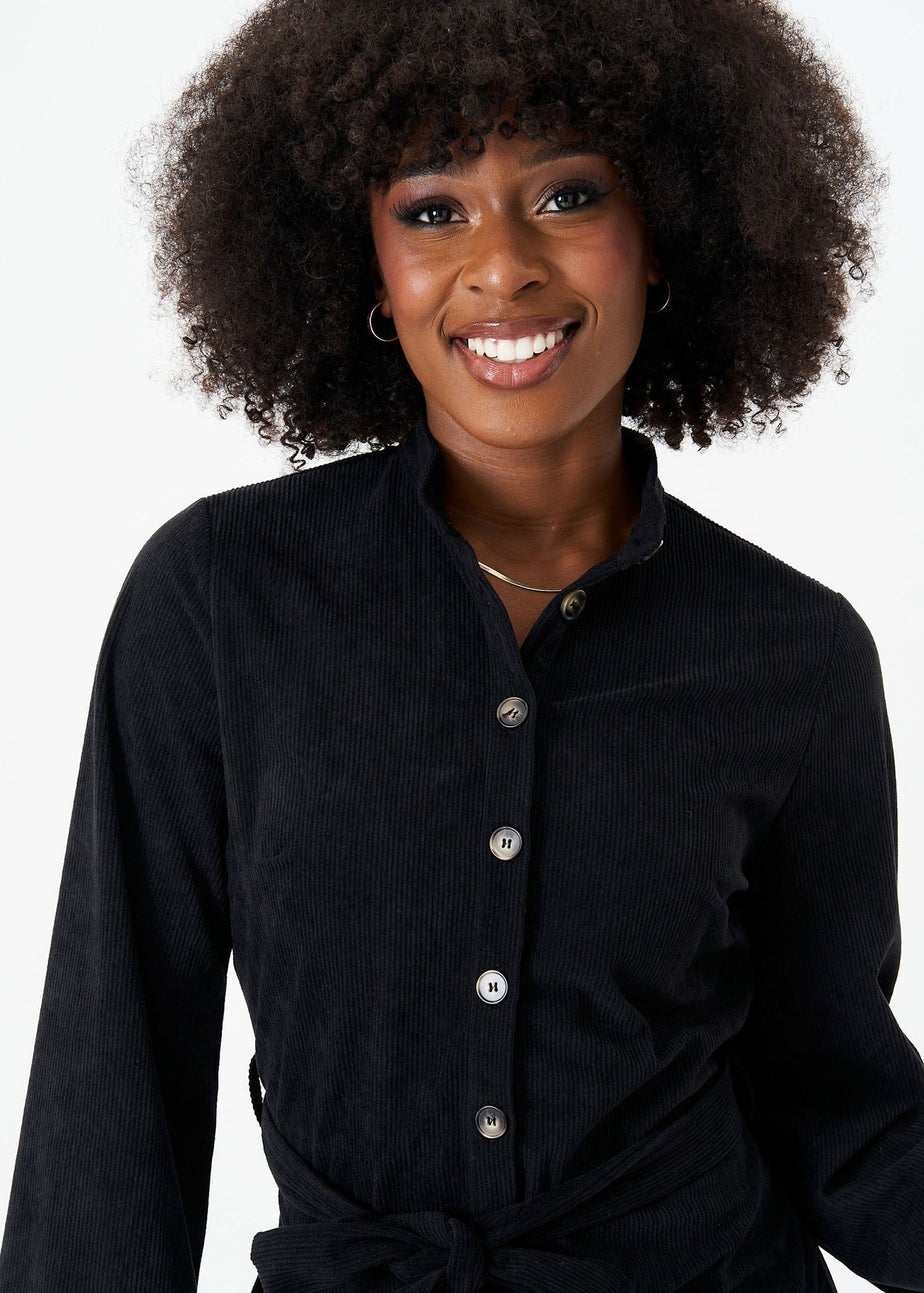 Gini London Black Button Front Belted Corduroy Shirt Dress