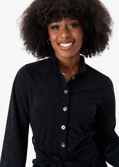 Gini London Black Button Front Belted Corduroy Shirt Dress