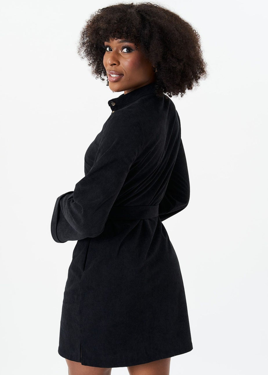 Gini London Black Button Front Belted Corduroy Shirt Dress