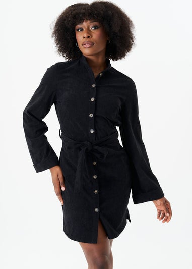 Gini London Black Button Front Belted Corduroy Shirt Dress