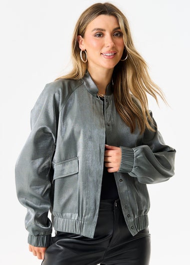 Gini London Grey Metallic Elasticated Waist Bomber Jacket