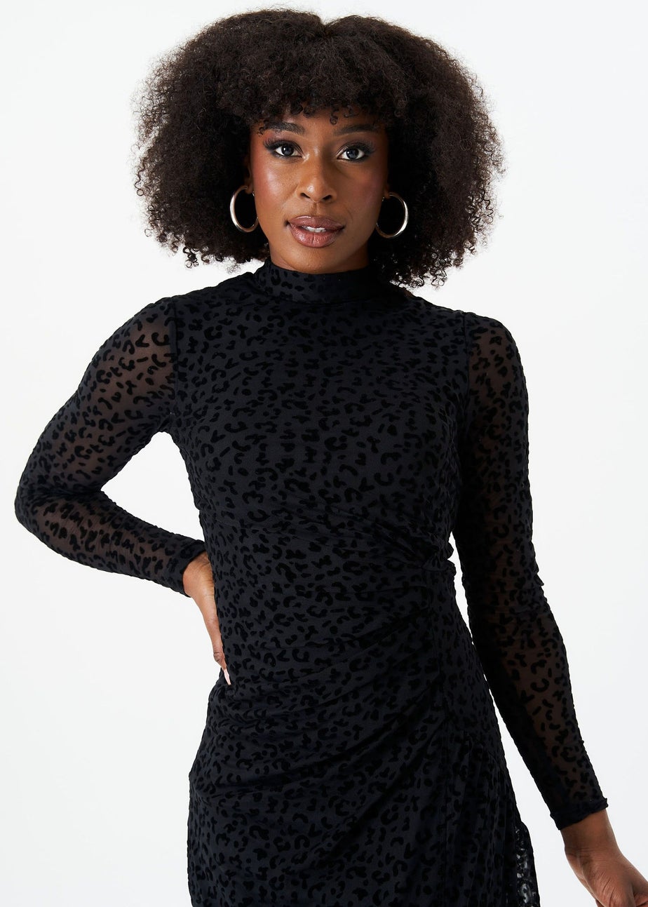 Gini London Black Animal Devore High Neck Midi Dress