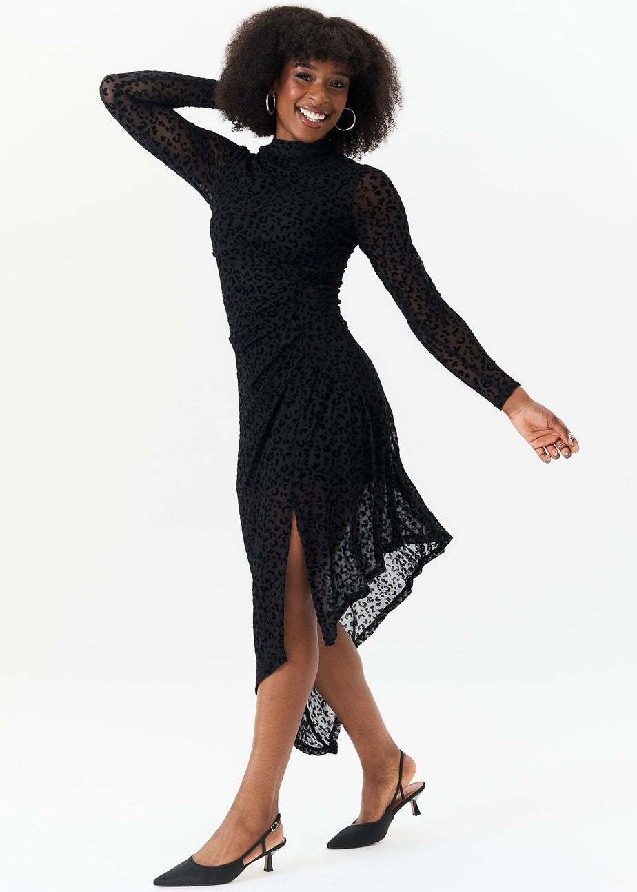 Gini London Black Animal Devore High Neck Midi Dress