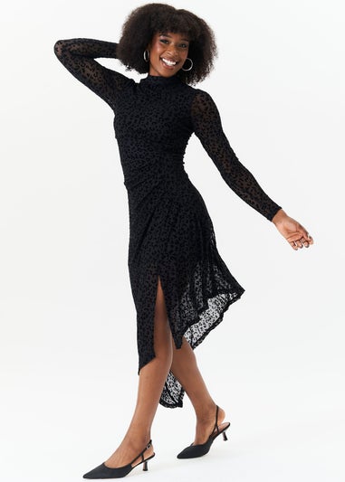 Gini London Black Animal Devore High Neck Midi Dress