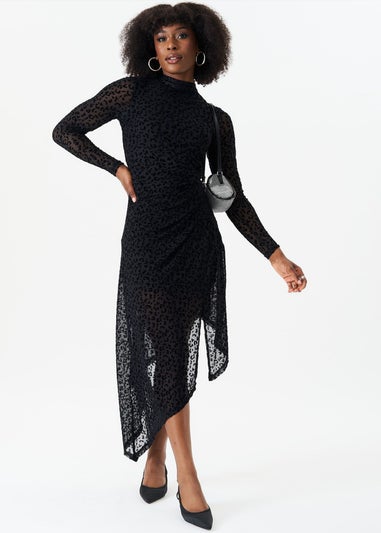 Gini London Black Animal Devore High Neck Midi Dress