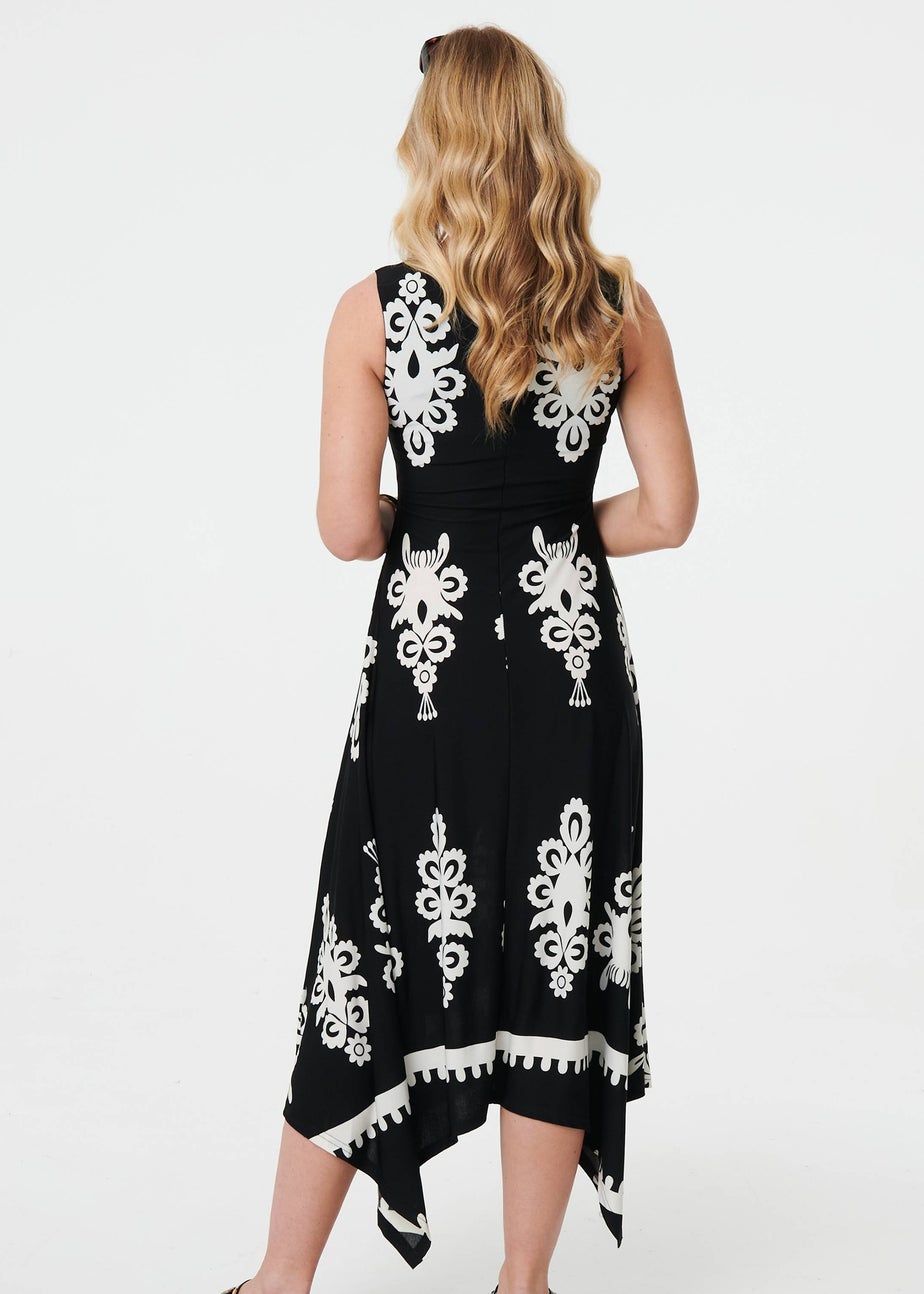 Izabel London Black & White Ikat Print Sleeveless A-Line Midi Dress