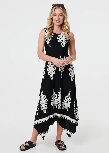 Izabel London Black & White Ikat Print Sleeveless A-Line Midi Dress