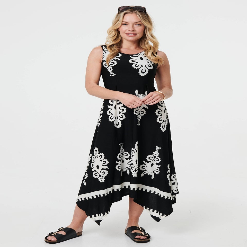 Izabel London Black & White Ikat Print Sleeveless A-Line Midi Dress