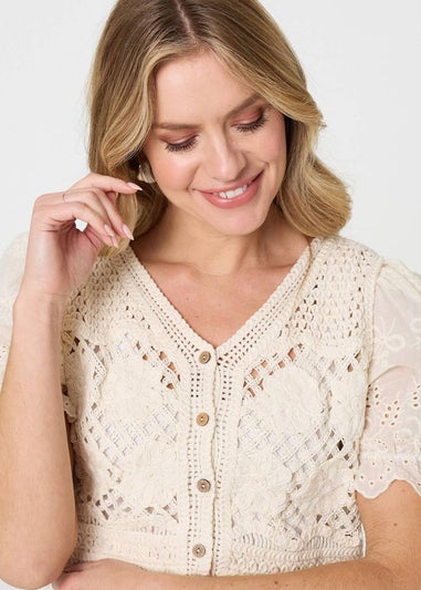 Izabel London Cream Crochet Mesh Short Sleeve Crop Cardigan