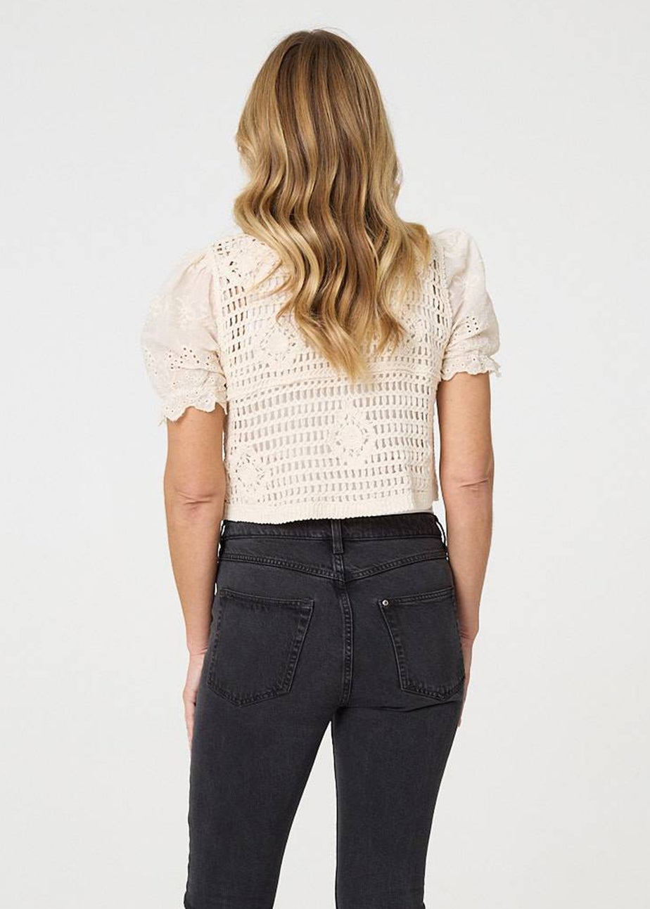Izabel London Cream Crochet Mesh Short Sleeve Crop Cardigan