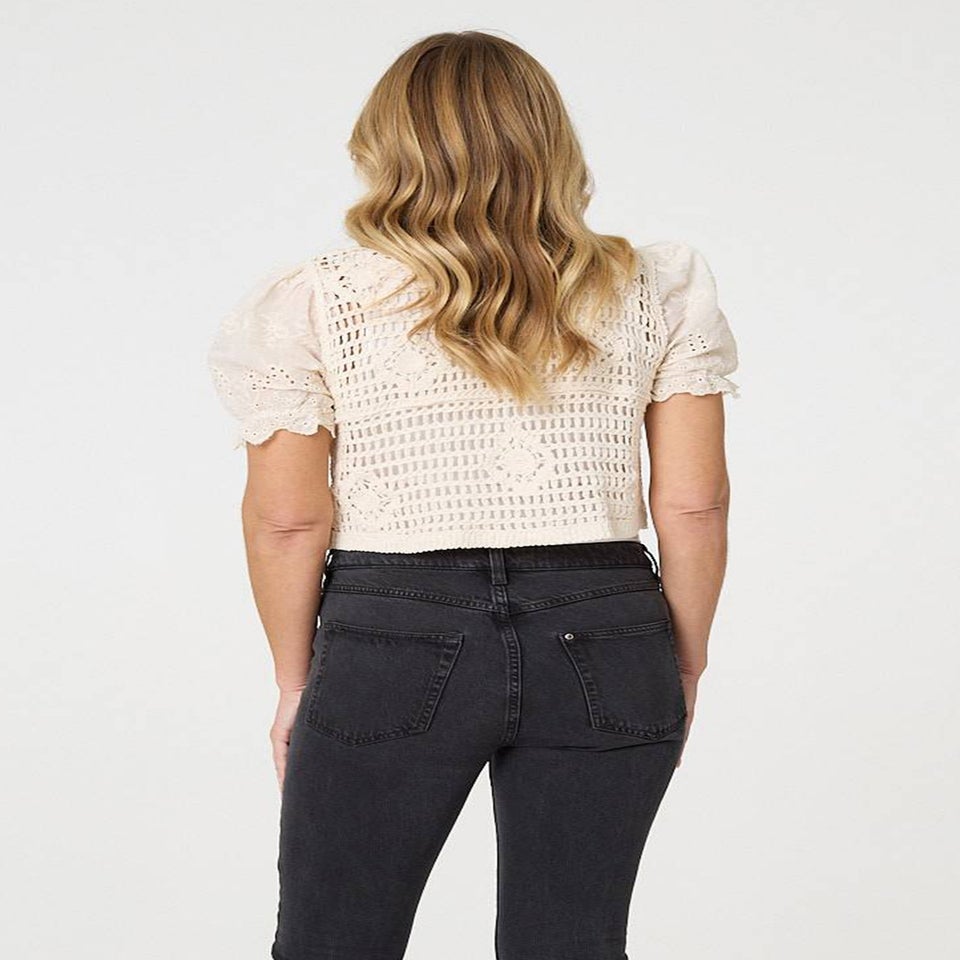 Izabel London Cream Crochet Mesh Short Sleeve Crop Cardigan