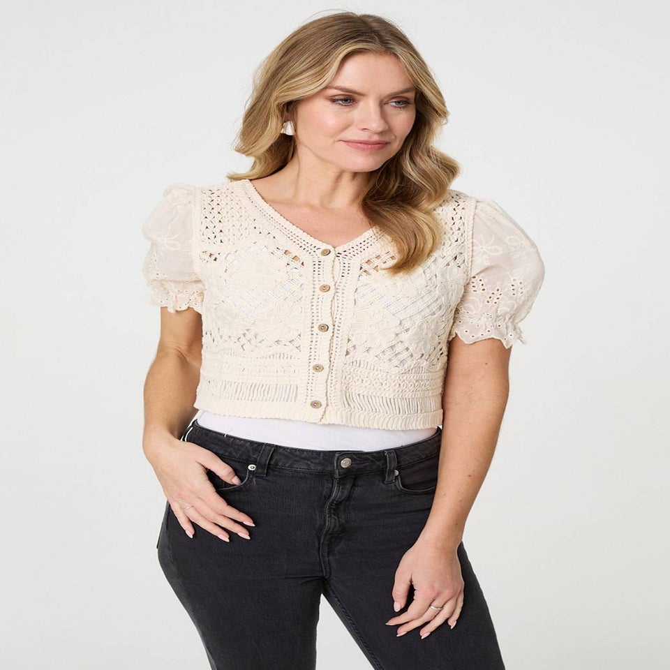 Izabel London Cream Crochet Mesh Short Sleeve Crop Cardigan