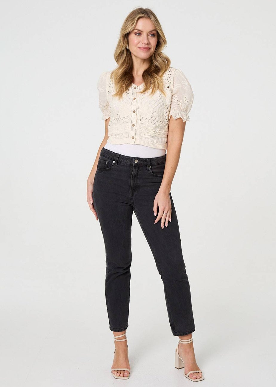 Izabel London Cream Crochet Mesh Short Sleeve Crop Cardigan