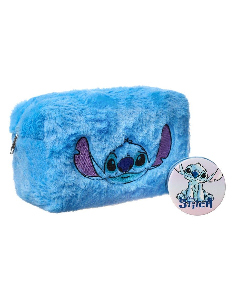 Disney Womens Blue Stitch Character Face Makeup Bag & Mirror