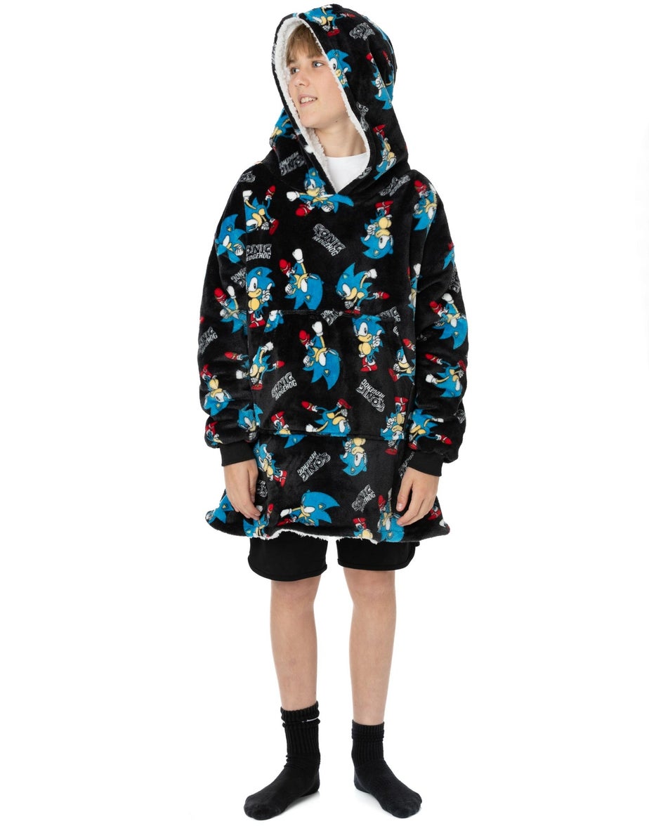 Sonic The Hedgehog Kids Black Sonic & Logo Blanket Hoodie