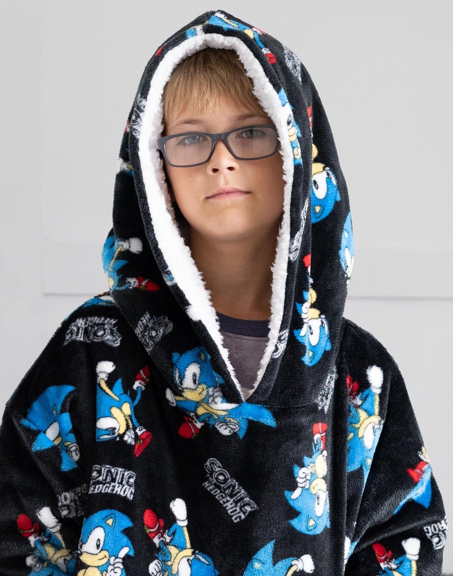 Sonic The Hedgehog Kids Black Sonic & Logo Blanket Hoodie