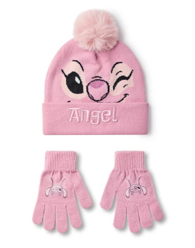 Disney Kids Angel Character Face Beanie & Gloves Pink Set
