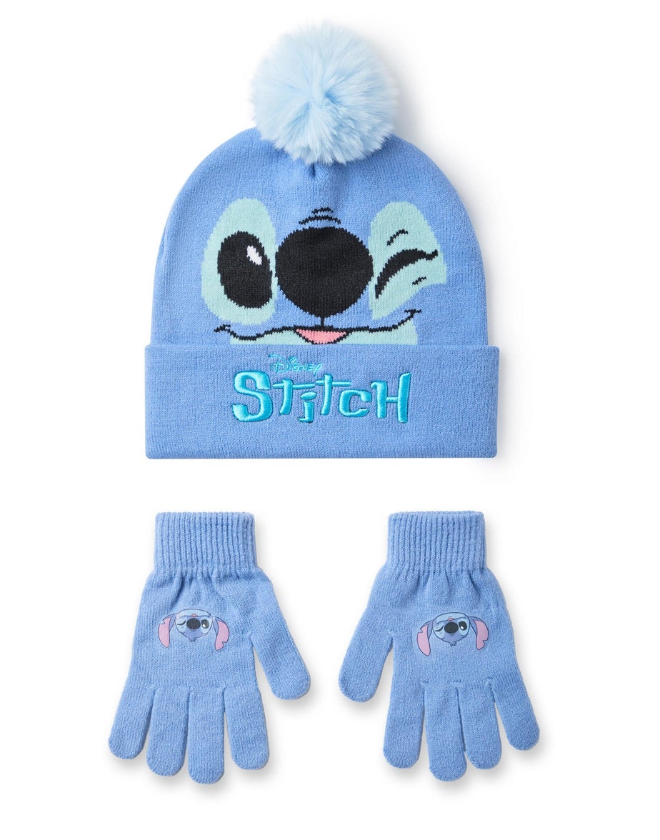 Disney Kids Stitch Character Face Beanie & Gloves Blue Set