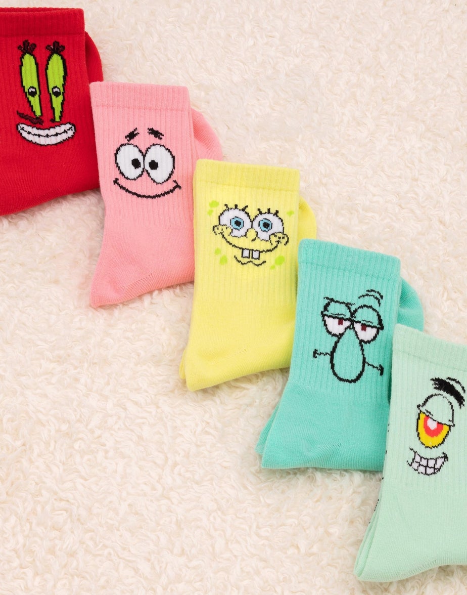 SpongeBob SquarePants Unisex Yellow Mutli-Character Calf Socks Set Of 5