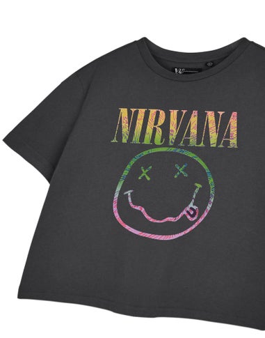 Vanilla Underground Nirvana Adults Rainbow Logo Grey Cropped T-Shirt