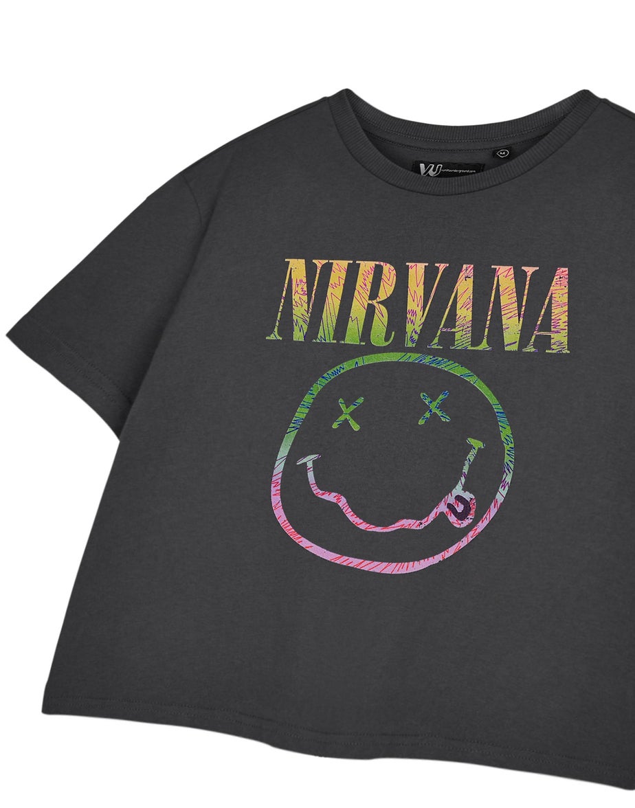 Vanilla Underground Nirvana Adults Rainbow Logo Grey Cropped T-Shirt