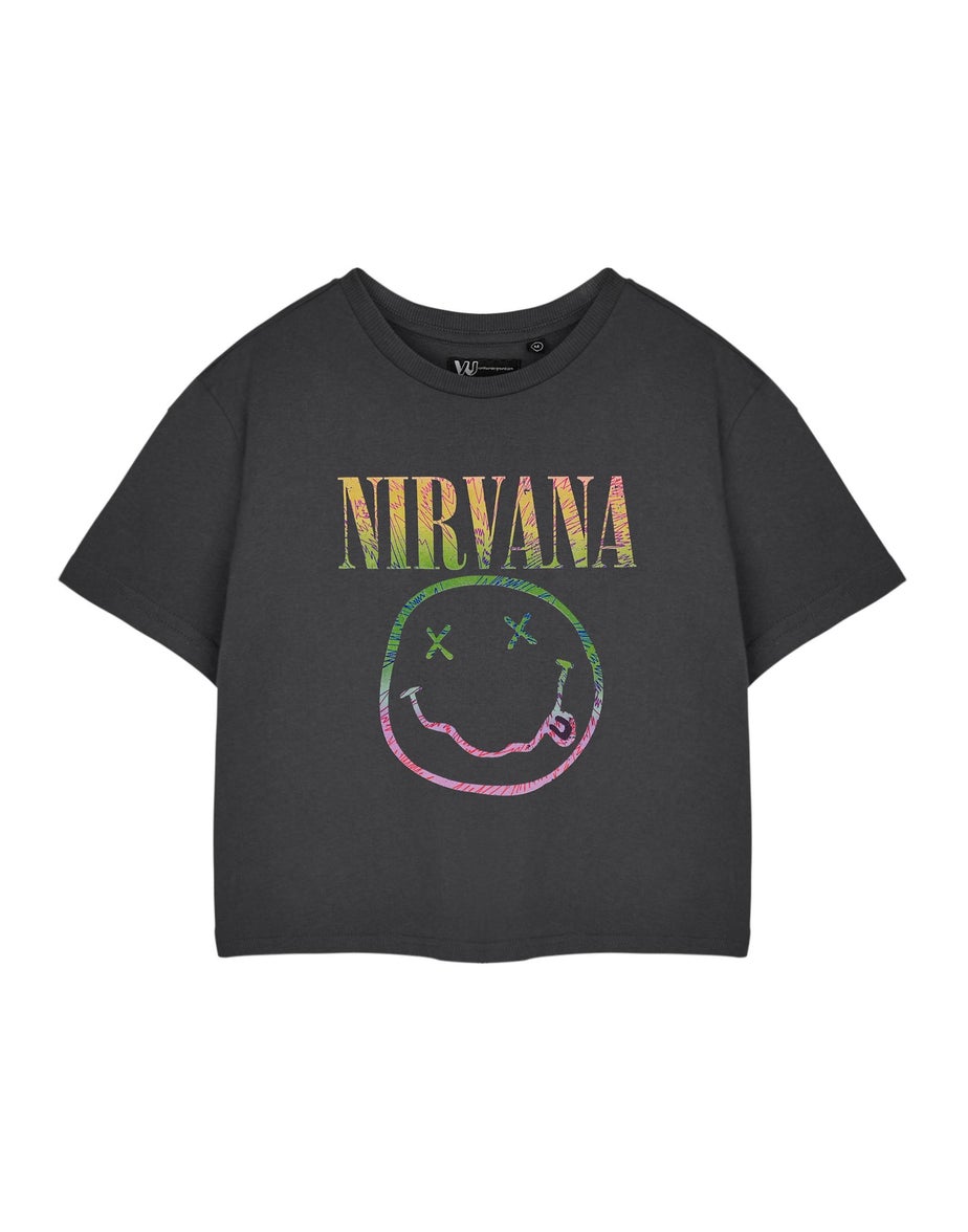 Vanilla Underground Nirvana Adults Rainbow Logo Grey Cropped T-Shirt