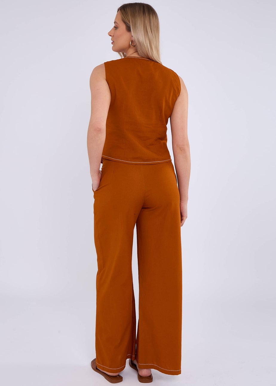 Gini London Rust Cotton Contrast Stitch Detail Waist Coat