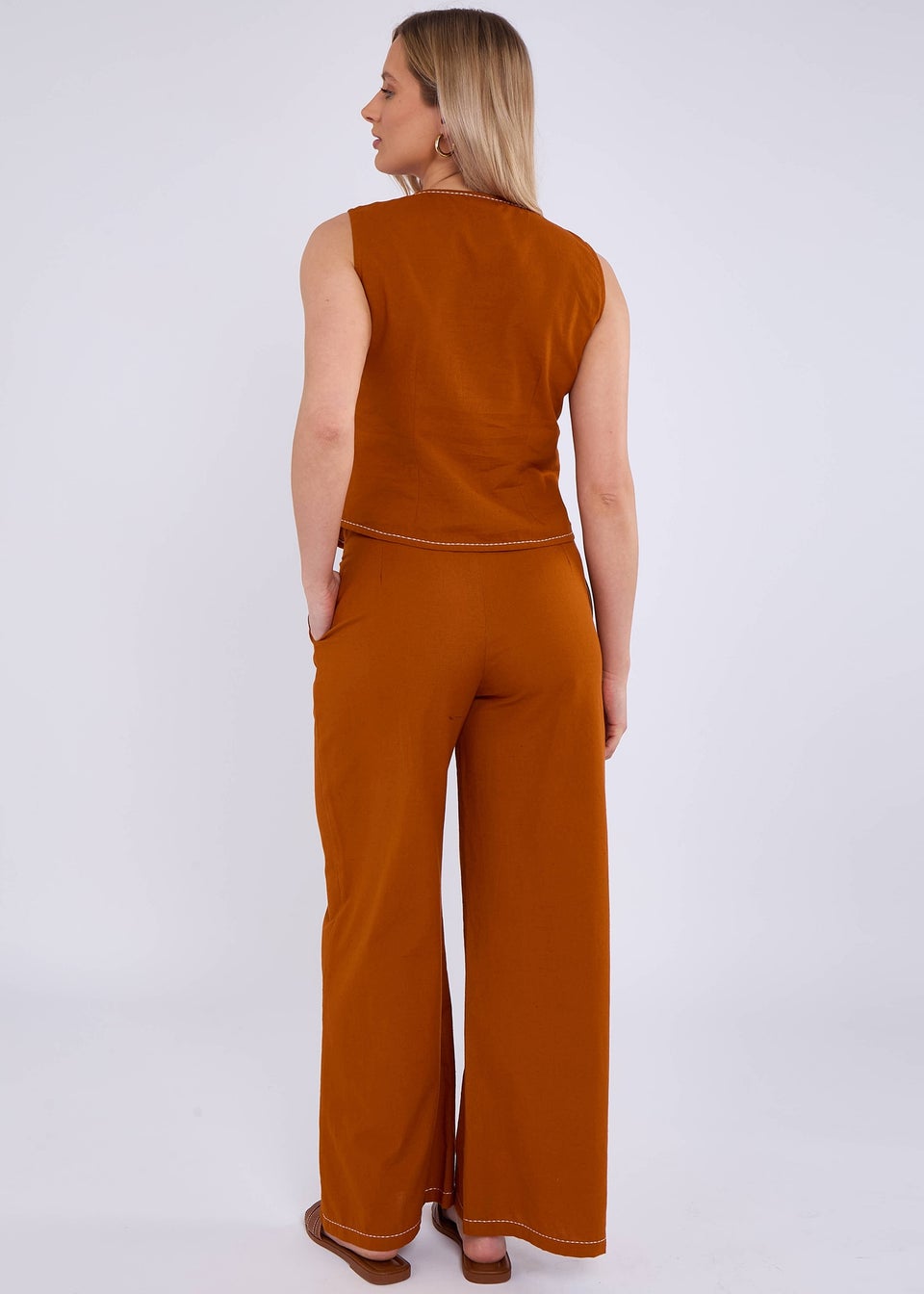 Gini London Rust Cotton Contrast Stitch Detail Waist Coat