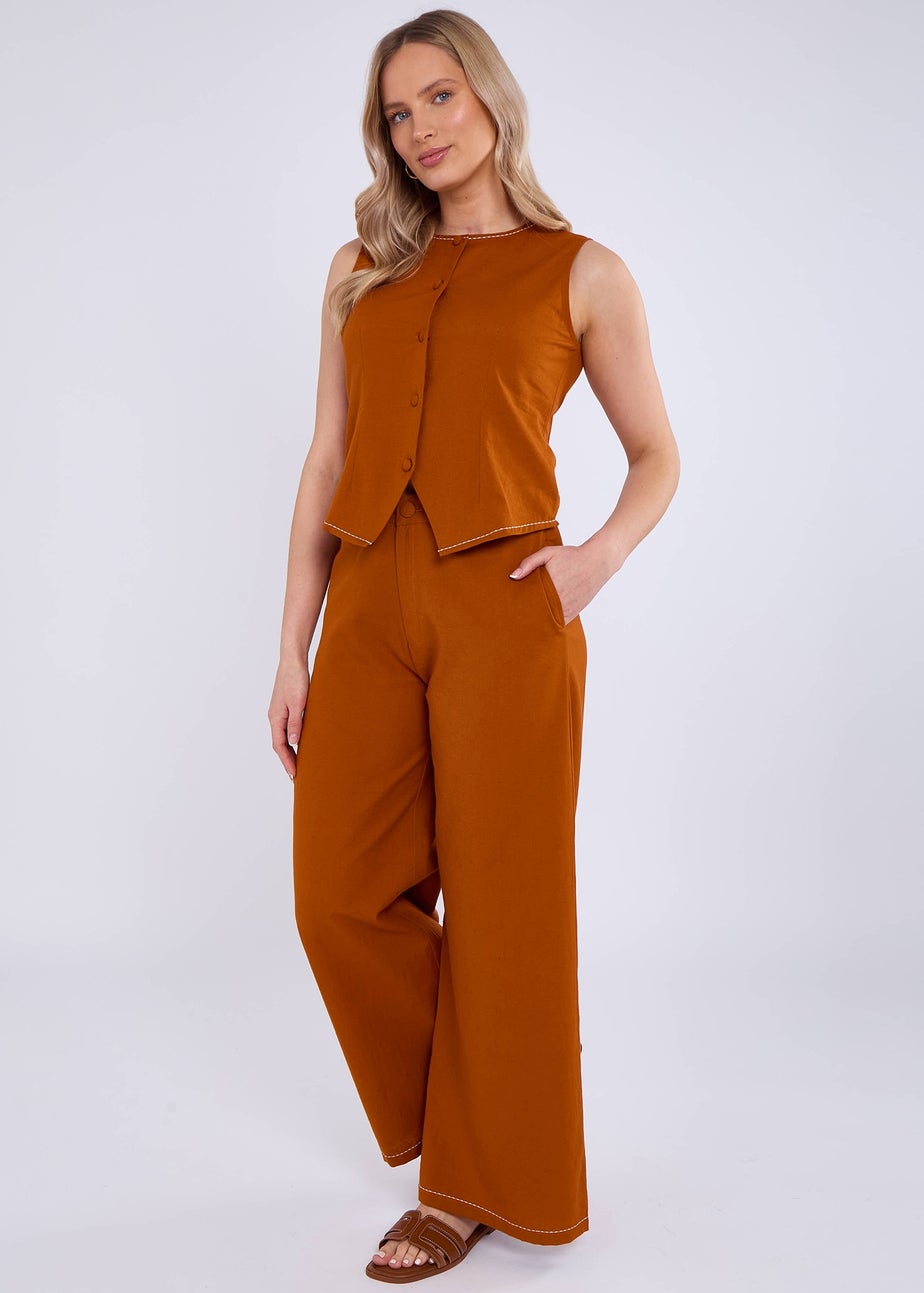 Gini London Rust Cotton Contrast Stitch Detail Waist Coat