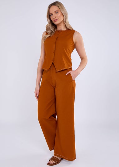 Gini London Rust Cotton Contrast Stitch Detail Waist Coat
