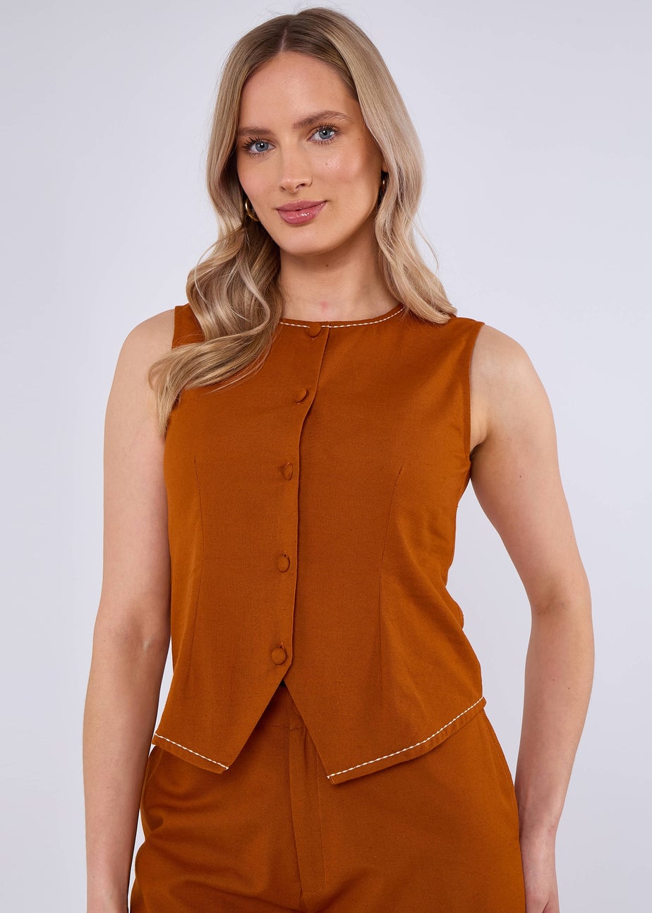 Gini London Rust Cotton Contrast Stitch Detail Waist Coat