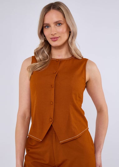 Gini London Rust Cotton Contrast Stitch Detail Waist Coat