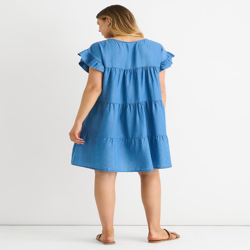 Gini London Denim Blue Chambray Frill Sleeves Flared Mini Dress