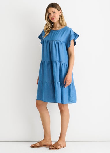 Gini London Denim Blue Chambray Frill Sleeves Flared Mini Dress