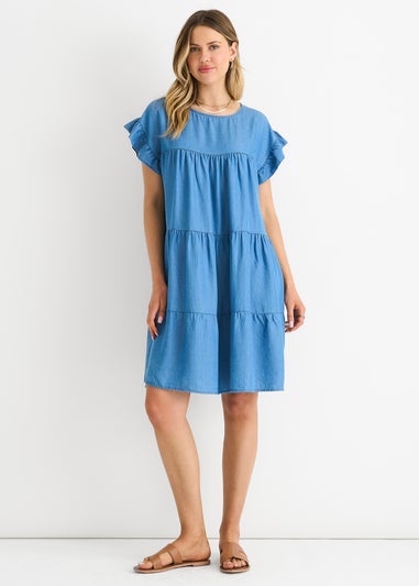 Gini London Denim Blue Chambray Frill Sleeves Flared Mini Dress
