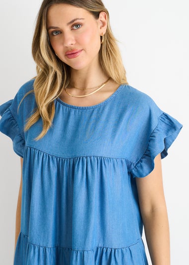 Gini London Denim Blue Chambray Frill Sleeves Flared Mini Dress
