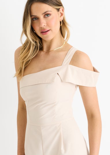 Gini London Cream Woven One Shoulder Wide Leg Jumpsuit