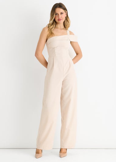 Gini London Cream Woven One Shoulder Wide Leg Jumpsuit
