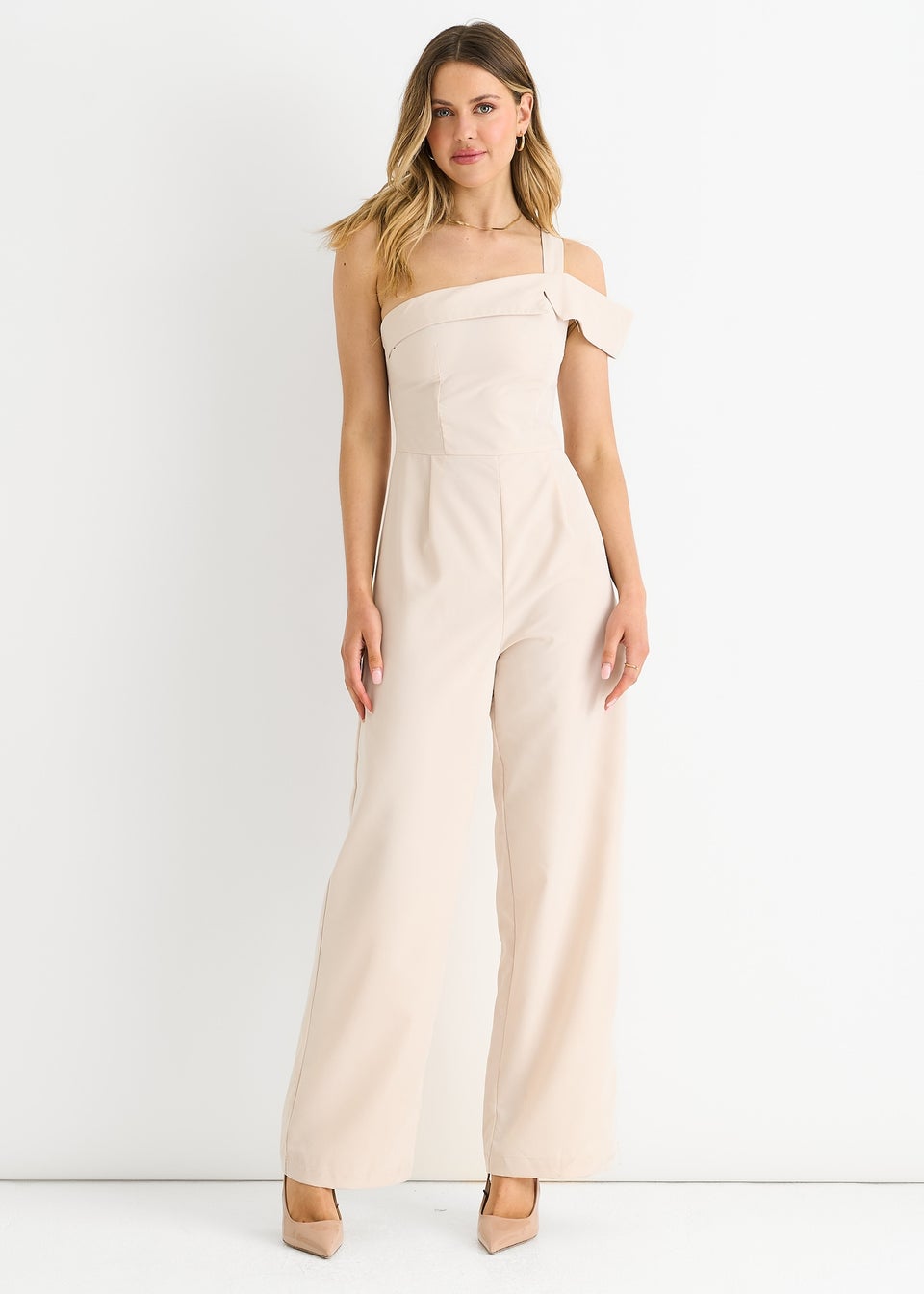 Gini London Cream Woven One Shoulder Wide Leg Jumpsuit