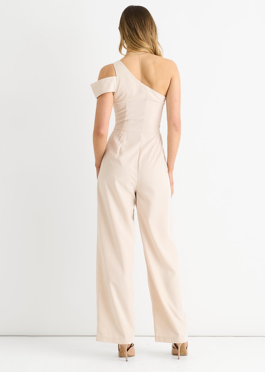 Gini London Cream Woven One Shoulder Wide Leg Jumpsuit