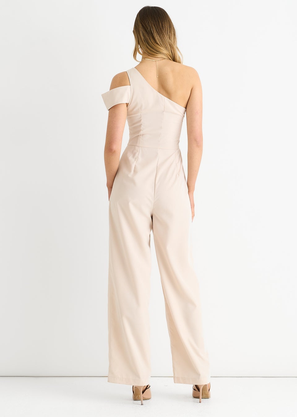 Gini London Cream Woven One Shoulder Wide Leg Jumpsuit
